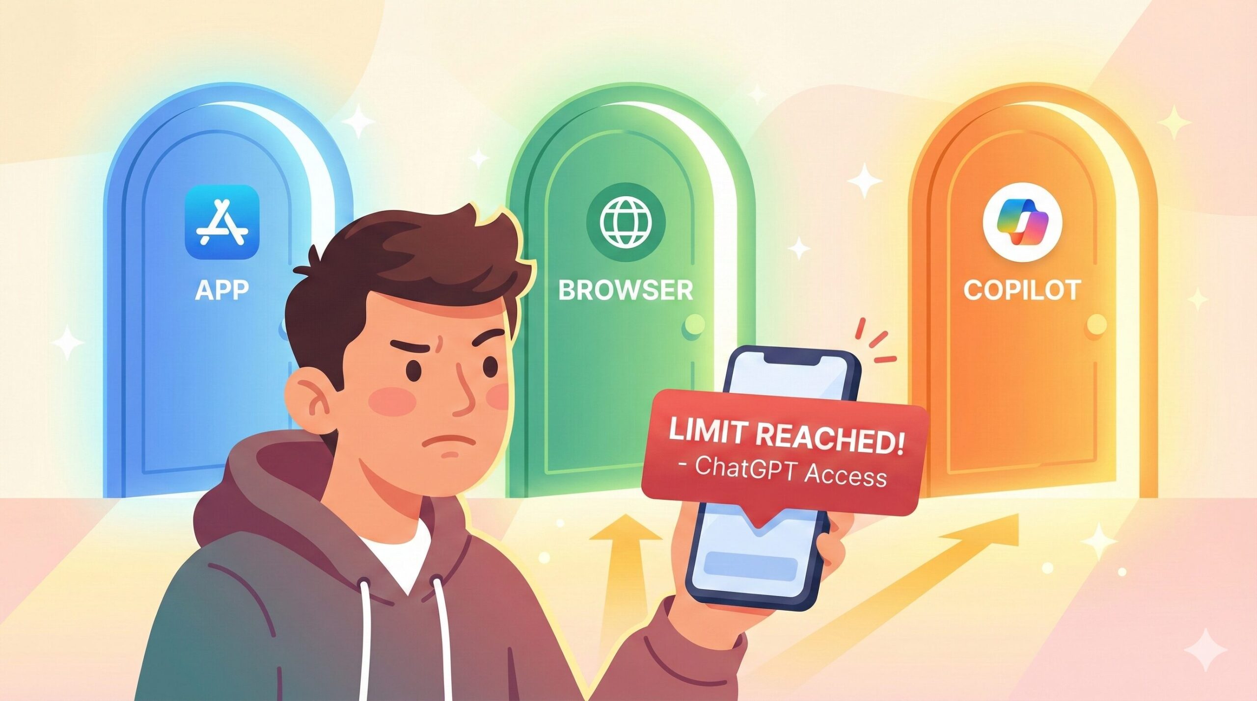 ChatGPTの制限を回避する3つの方法（アプリ、ブラウザ、Copilot）のイメージ