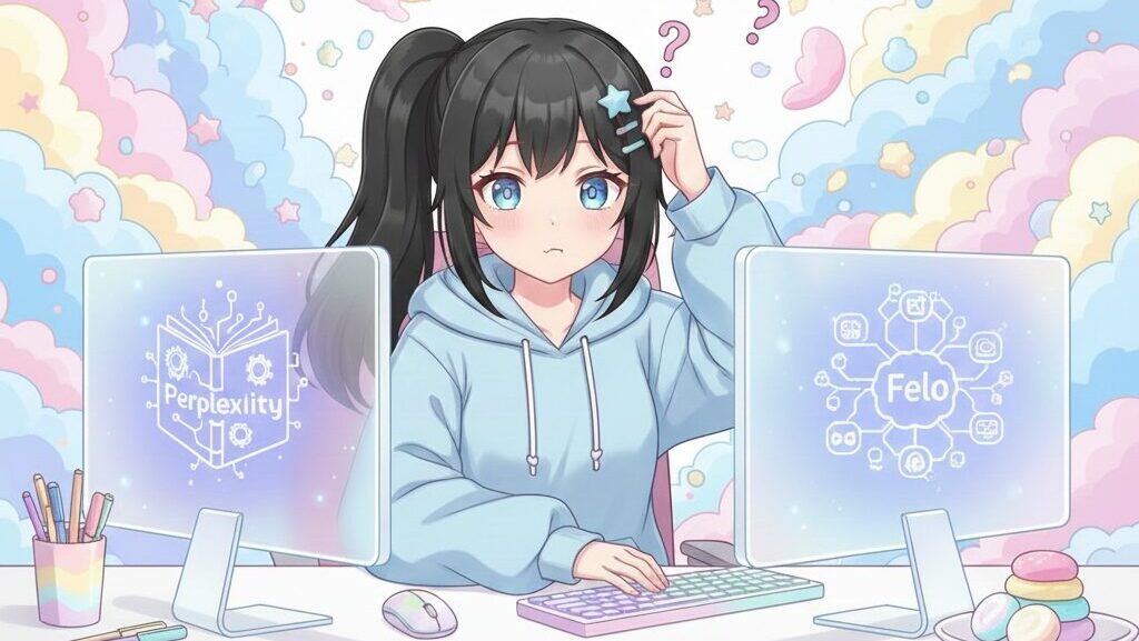 PerplexityとFelo AIの比較イラスト。どちらを選ぶか悩む日本人女性。