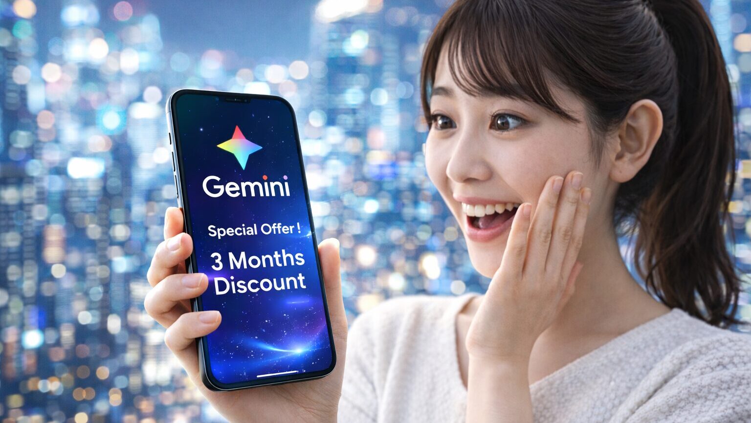 Gemini Advancedの3ヶ月割引キャンペーンに喜ぶ女性のイメージ