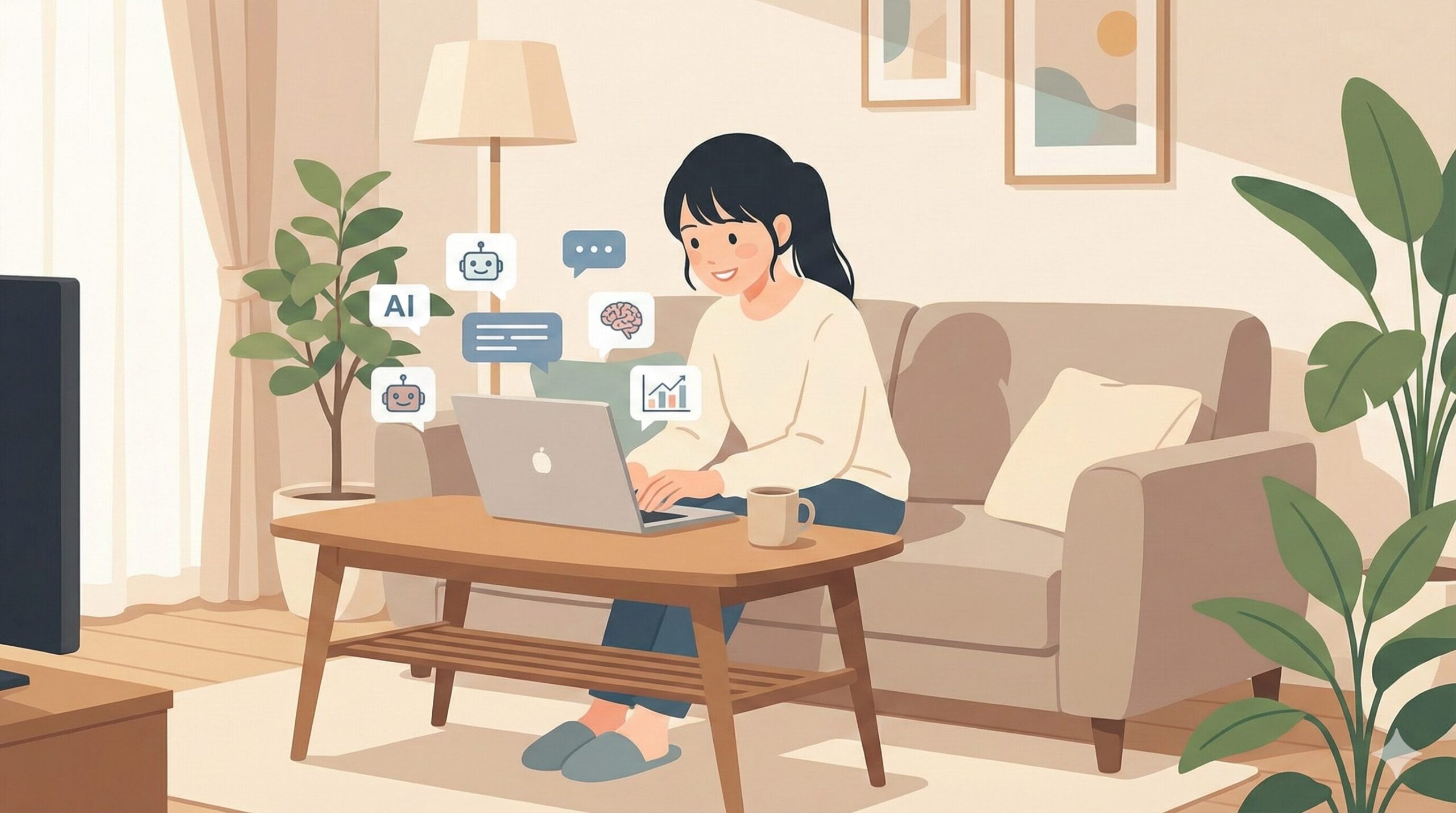 おうちでノートPCを使ってai副業をする女性のイラスト