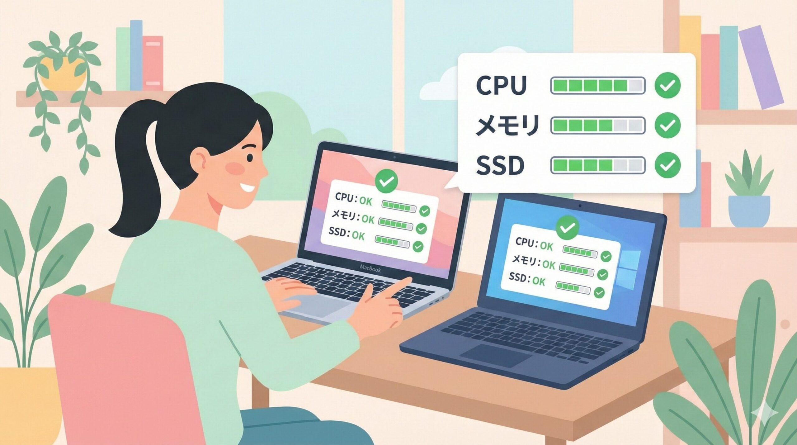 生成AIを使うためのパソコンスペックを調べている女性ブロガーのイラスト