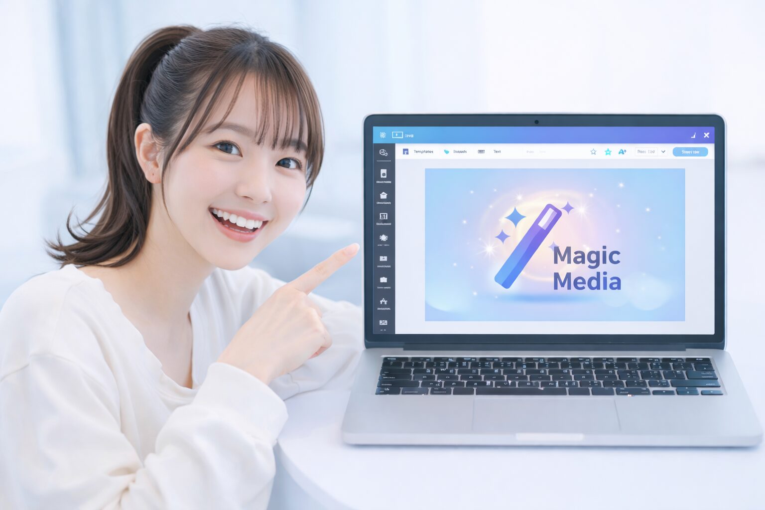 CanvaのAI画像生成（マジックメディア）の場所を指している女の子