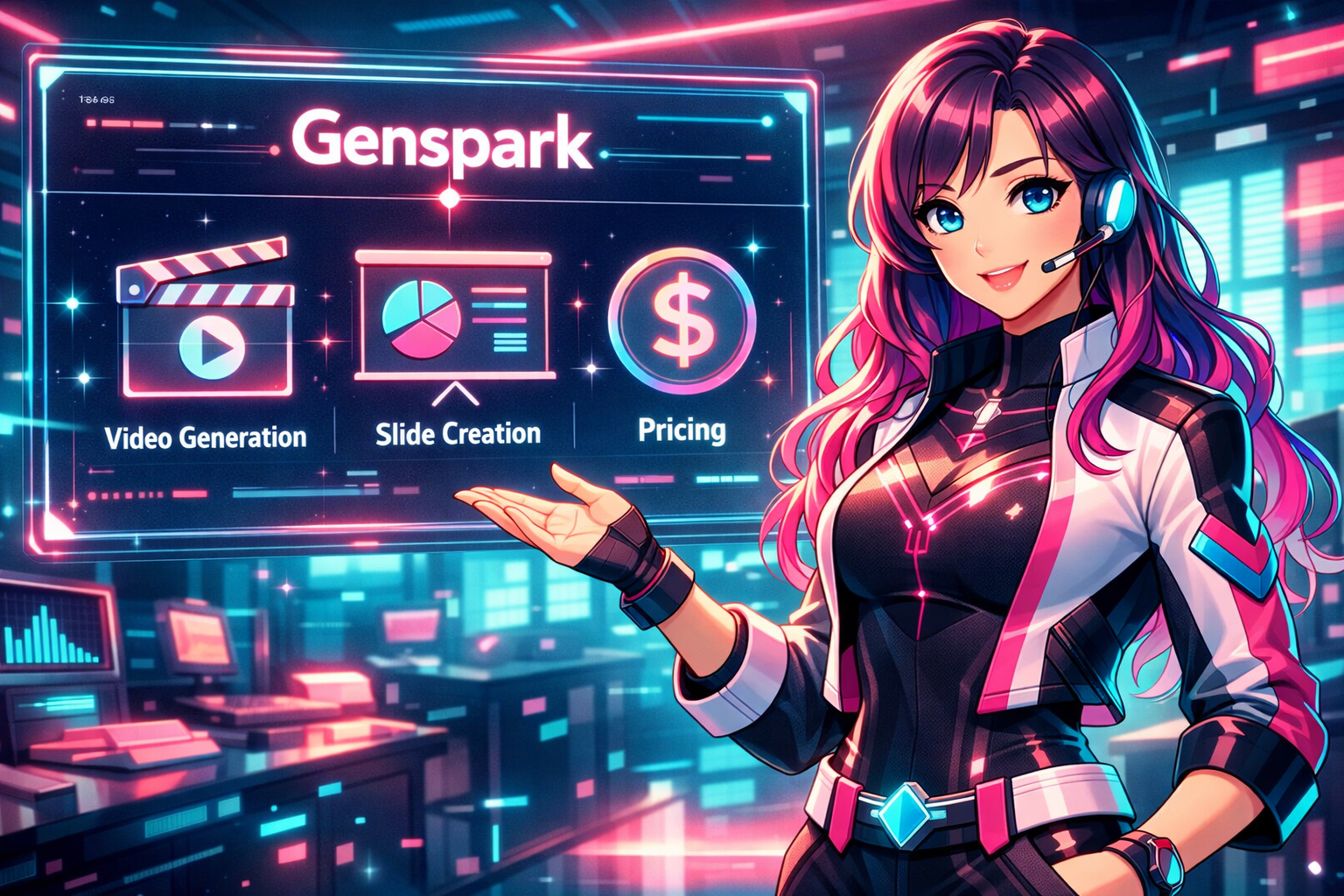Gensparkの動画生成やスライド作成機能を紹介するAIキャラクター