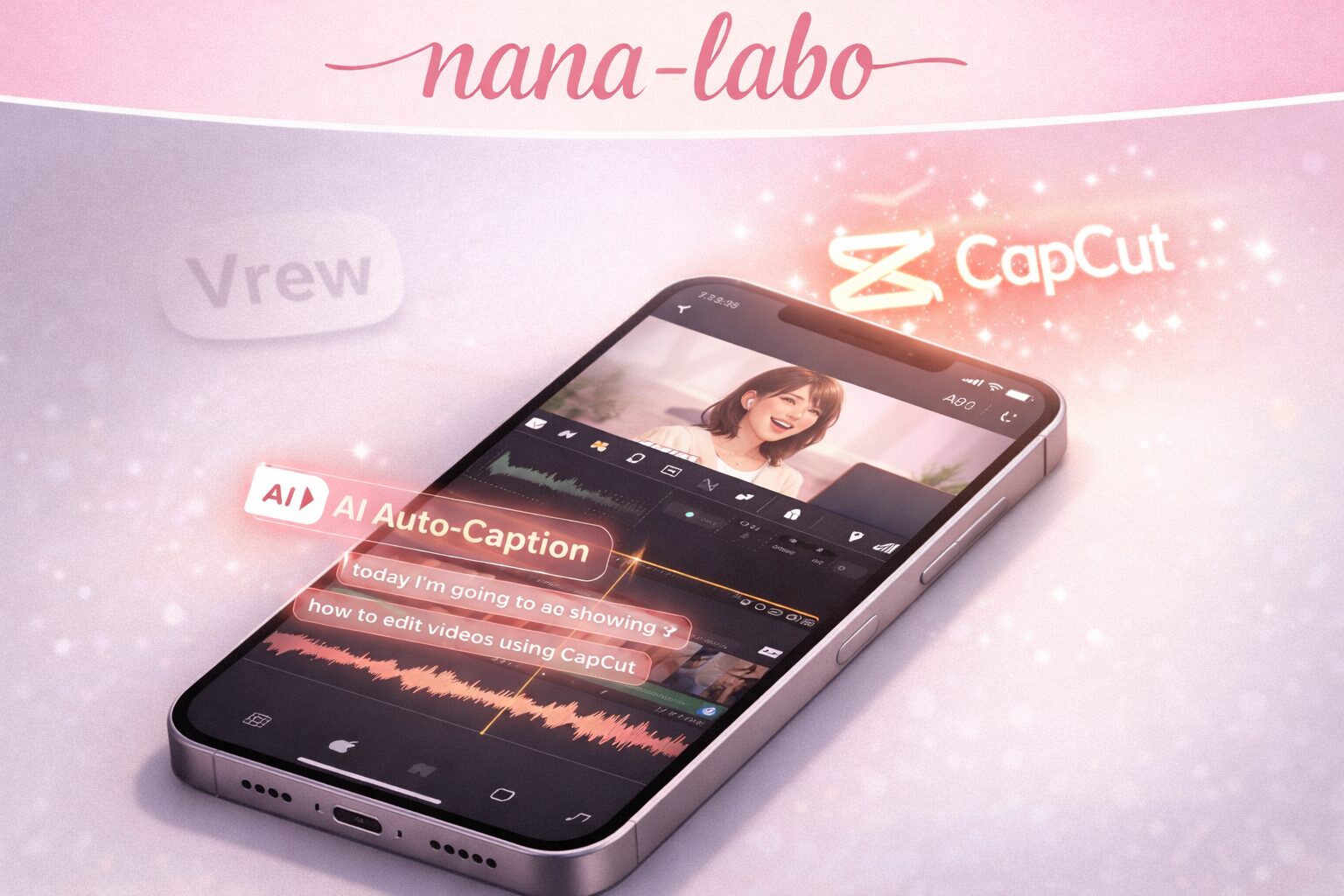 Vrew終了からCapCutへ移行しAI機能で笑顔になる女性のイラスト