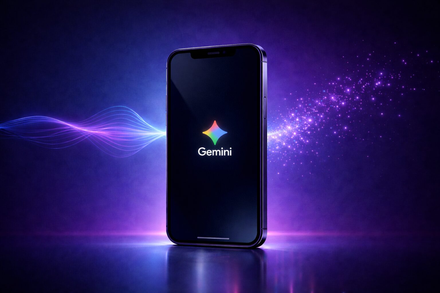 iPhoneの画面に表示されたGeminiのロゴとAIイメージ