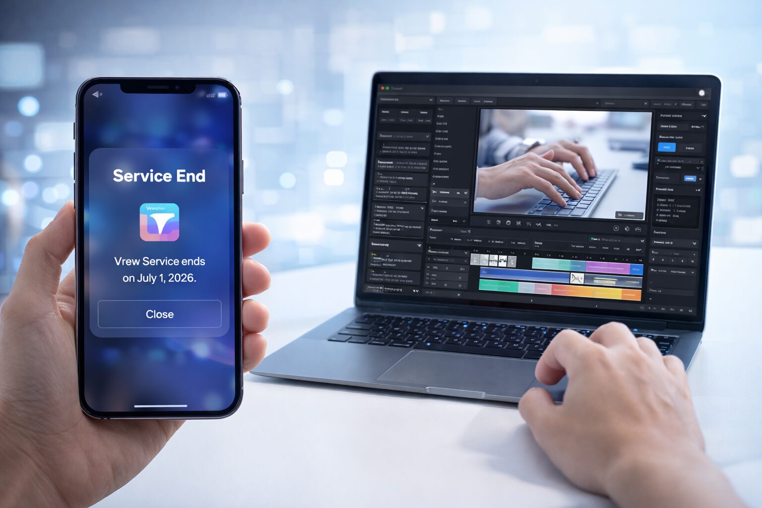 Vrewのスマホ版終了とPC版への移行をイメージした画像