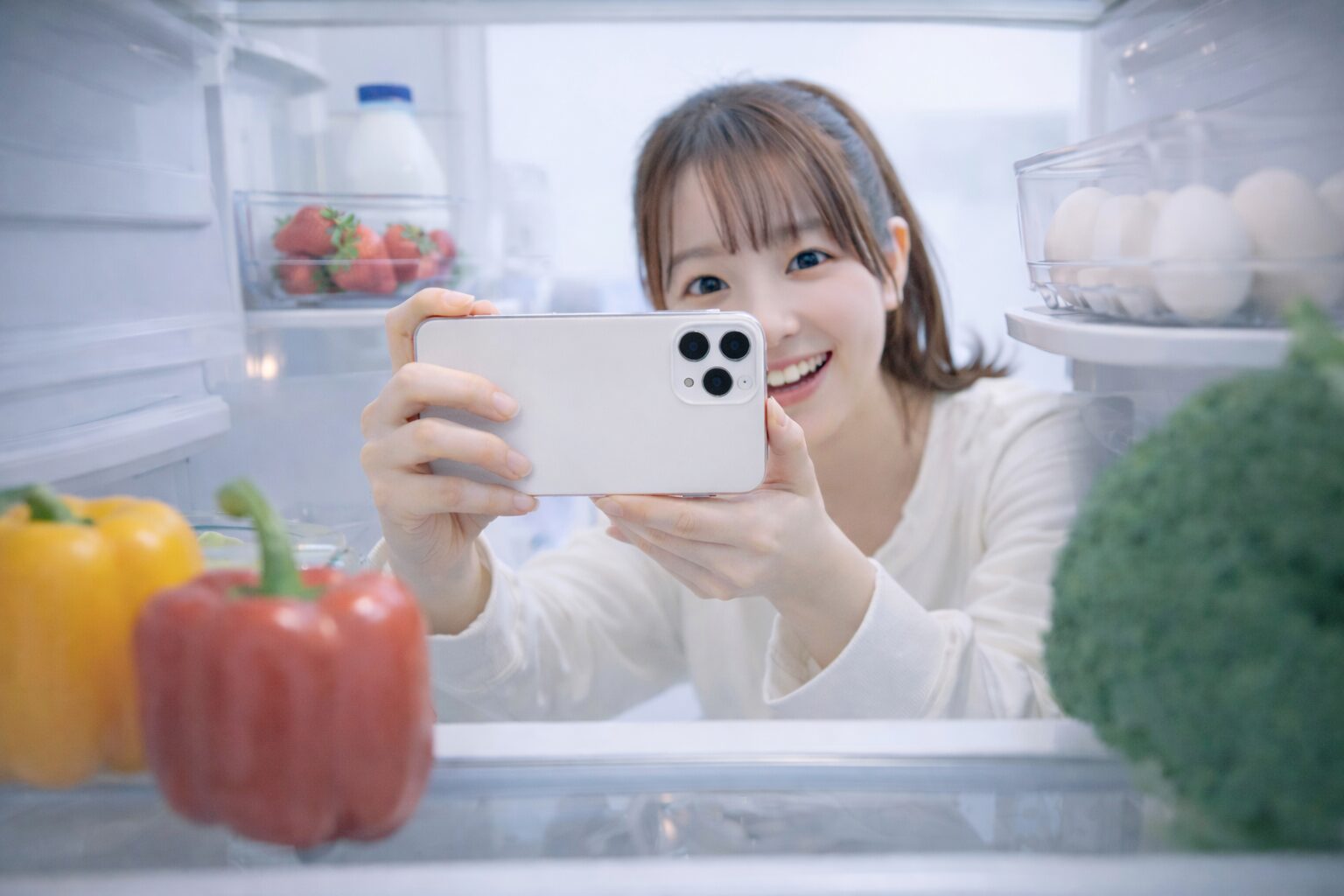 冷蔵庫の中身をスマホで撮影してAIで献立と買い物リストを作る女性