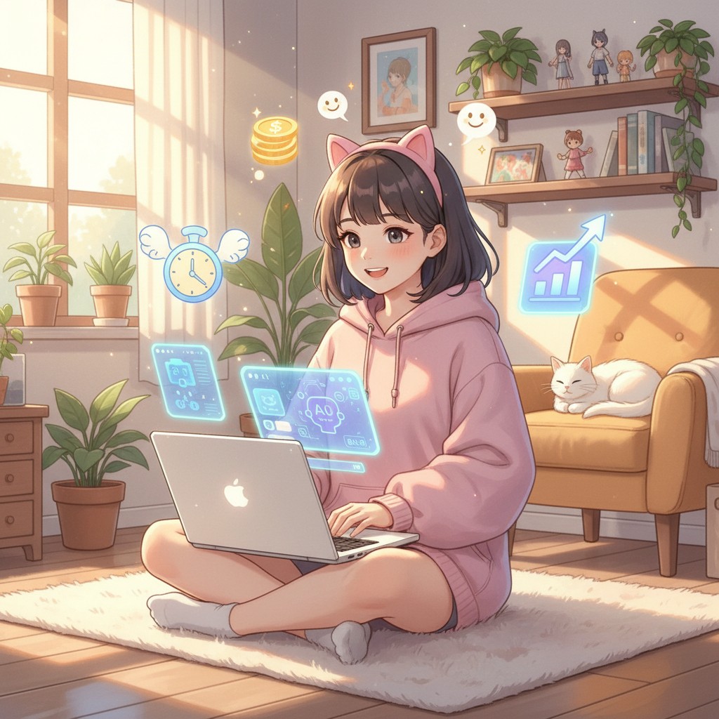 AIエージェントで副業する女性のイラスト