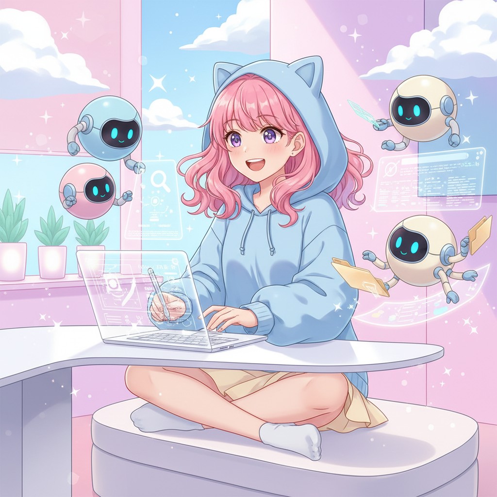 AIエージェント無料ツールを使っている女性のイラスト