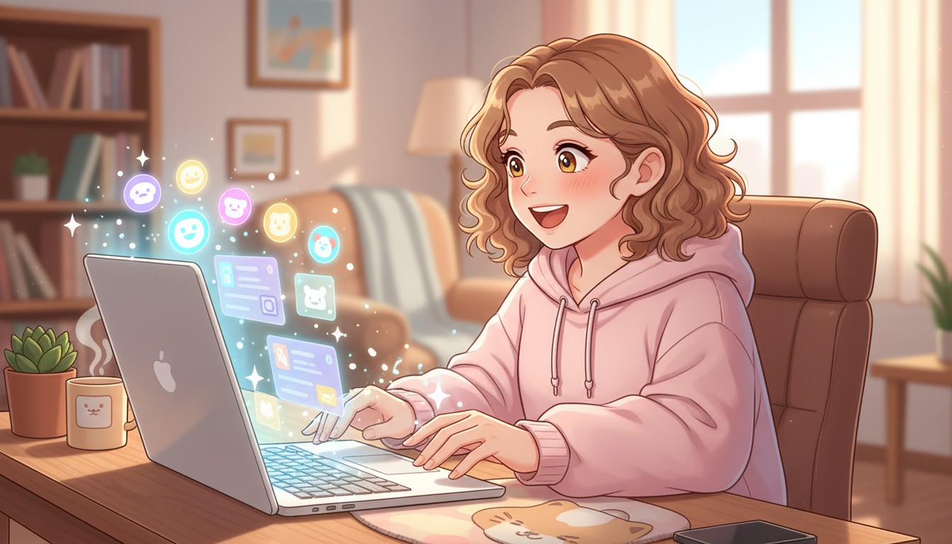 AIブラウザを使って情報収集を楽しんでいる女性のイラスト