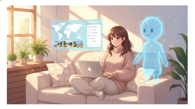 自宅でAIエージェントに旅行プランを作ってもらっている女性のイラスト