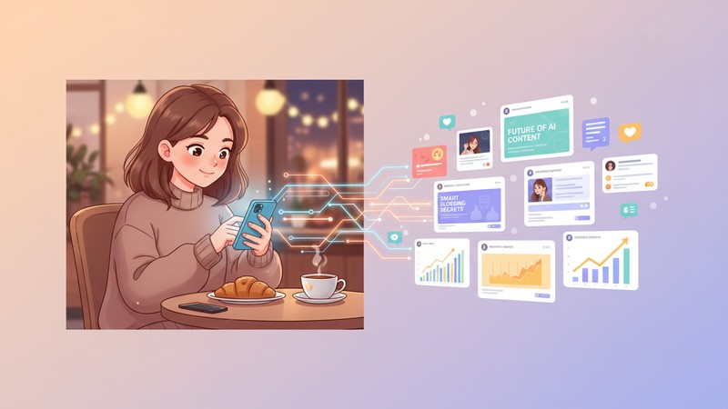 カフェでAIを使って副業コンテンツを作成している女性のイラスト
