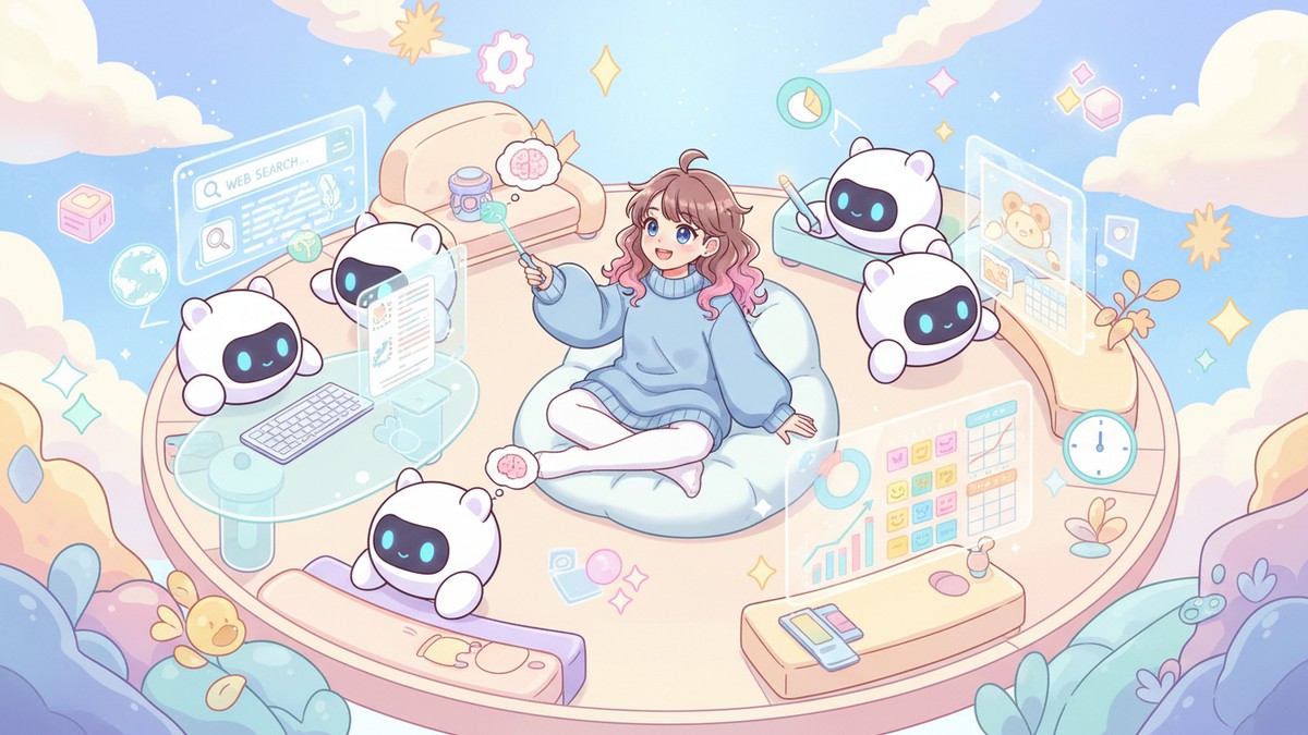 AIエージェントが複数のタスクを自動でこなしているイメージイラスト