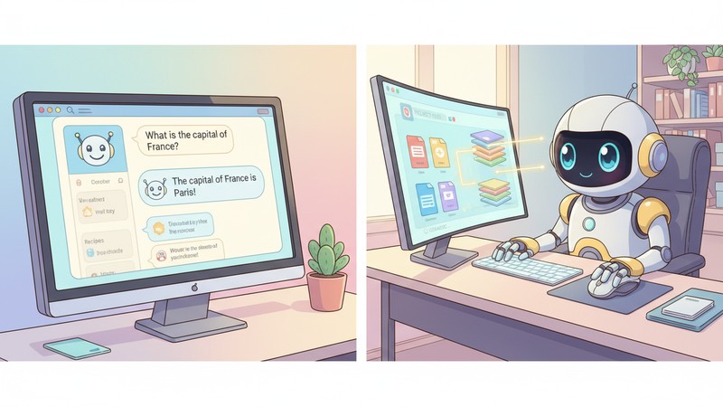 チャットAIとPC操作を代行するAIエージェントの違いを比較したイラスト