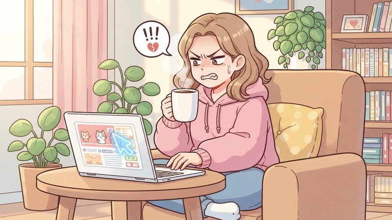 AIにPCを操作されてイライラして待っている女性のイラスト