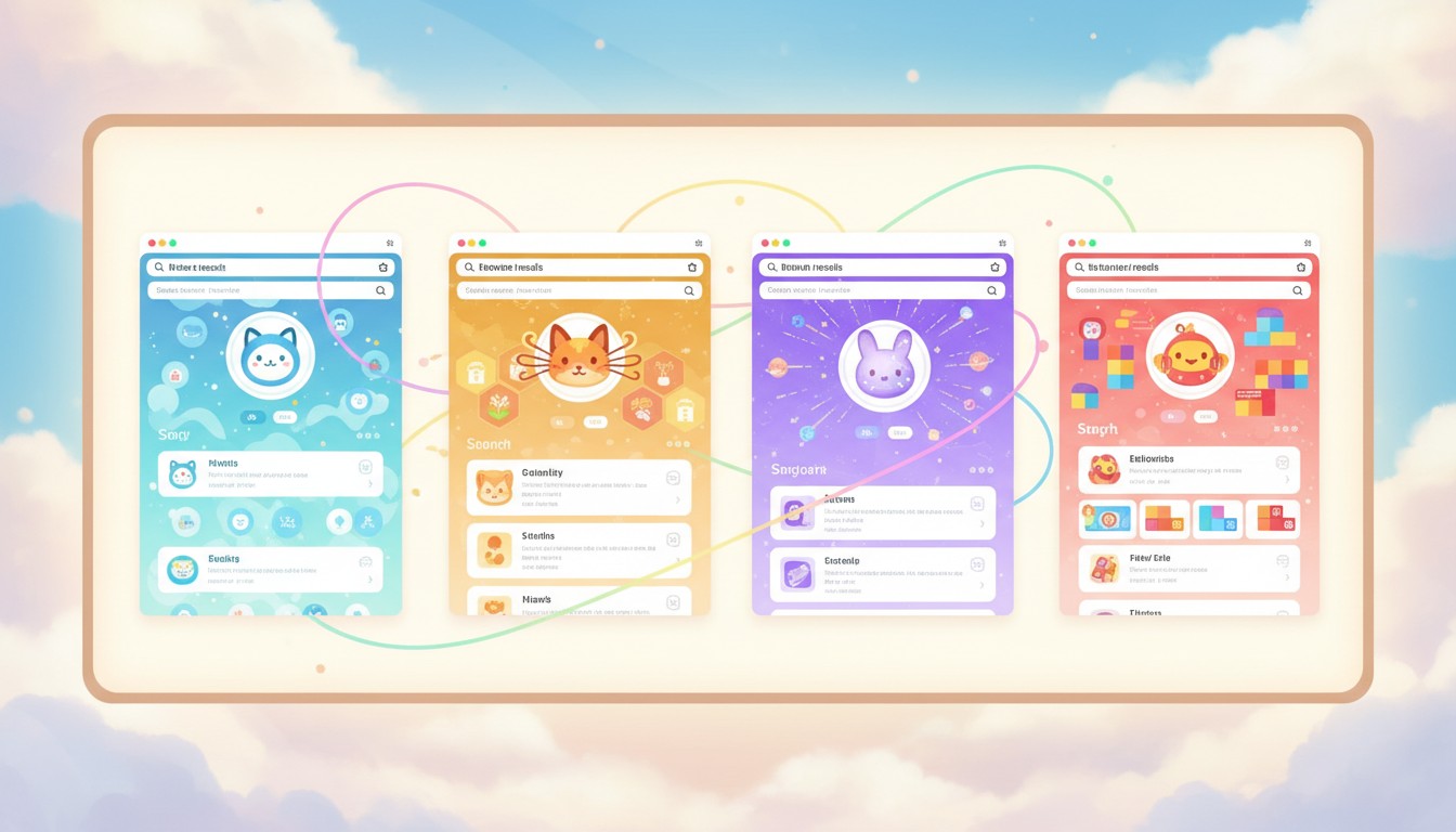 AIブラウザ4種のインターフェースを比較した分割画面イラスト
