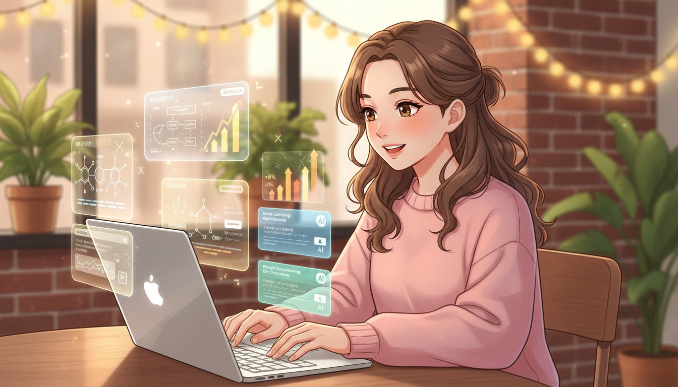 カフェでAIブラウザを使って副業リサーチをしている女性のイラスト