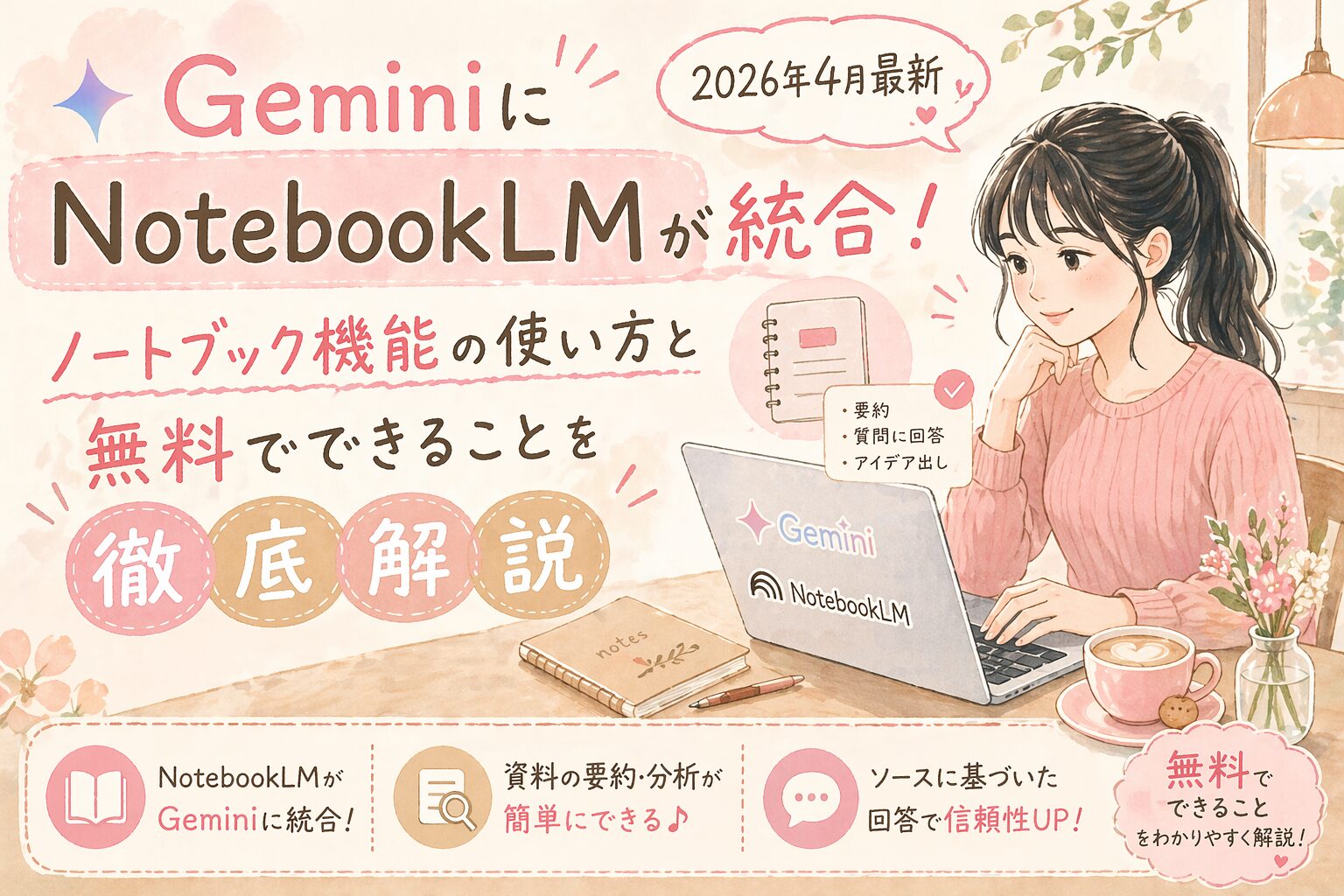 GeminiにNotebookLMが統合されたAIノート機能の使い方と無料でできることを解説するアイキャッチ画像。カフェ風の柔らかいイラストで黒髪ポニーテールの女性がノートPCを操作している様子