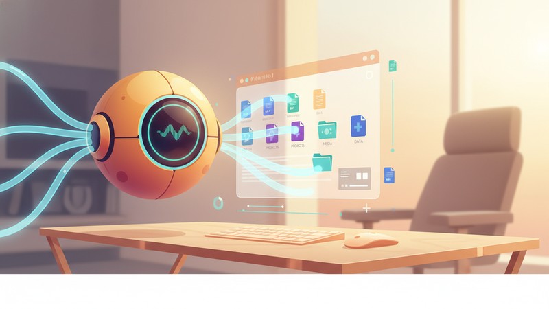 パソコン内で自動的にファイルを整理するロボットのイメージ