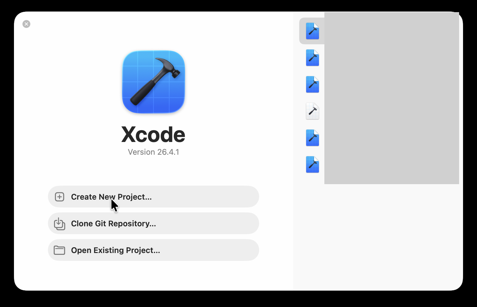 Xcode起動画面のCreate New Projectボタン