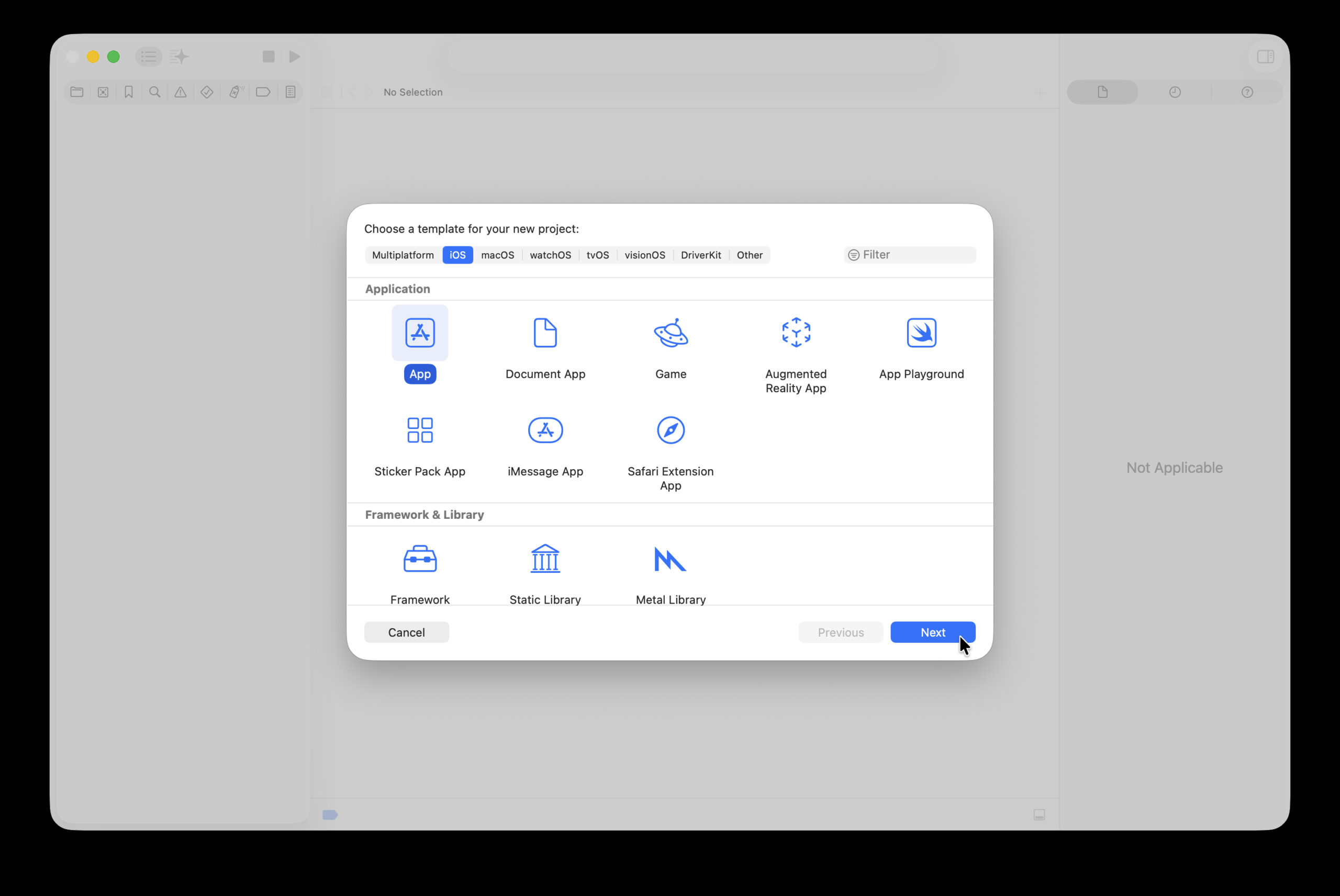 XcodeのiOSアプリテンプレート選択画面