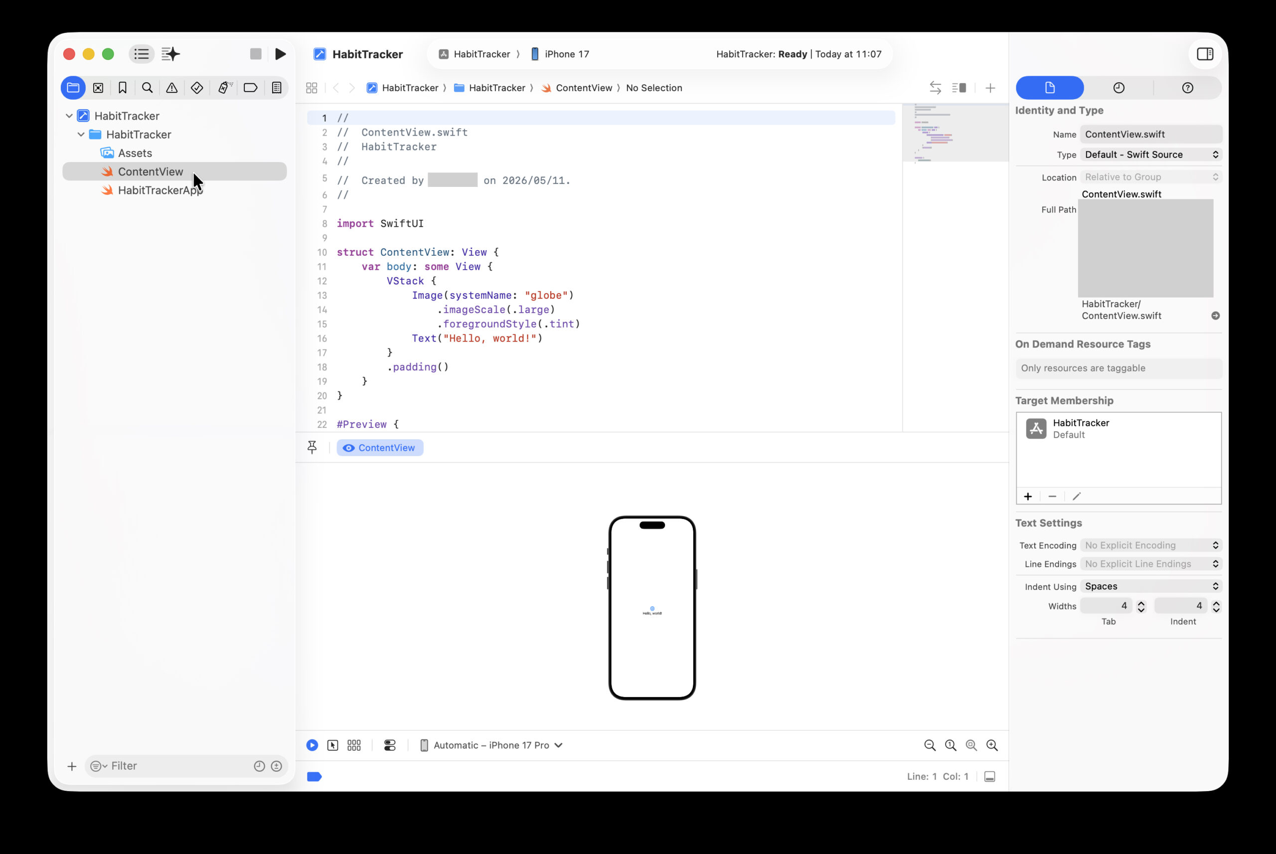 XcodeのメインエディタでContentView.swiftを選択している状態