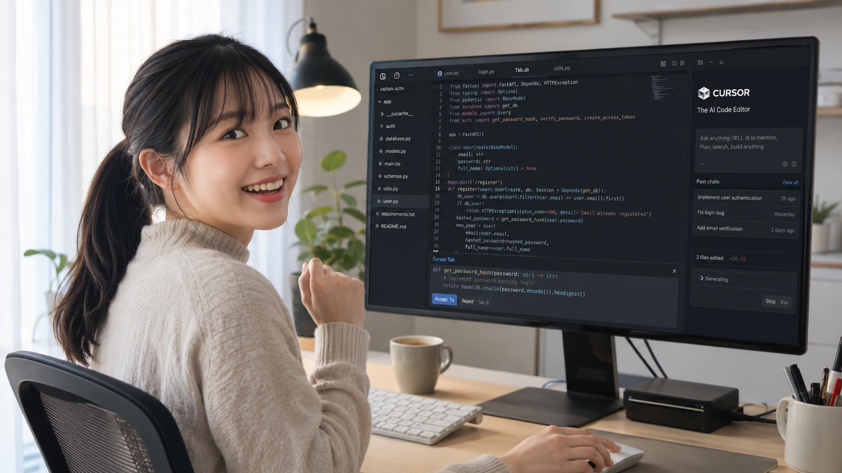 Cursor AIを使って笑顔でコーディングする女性