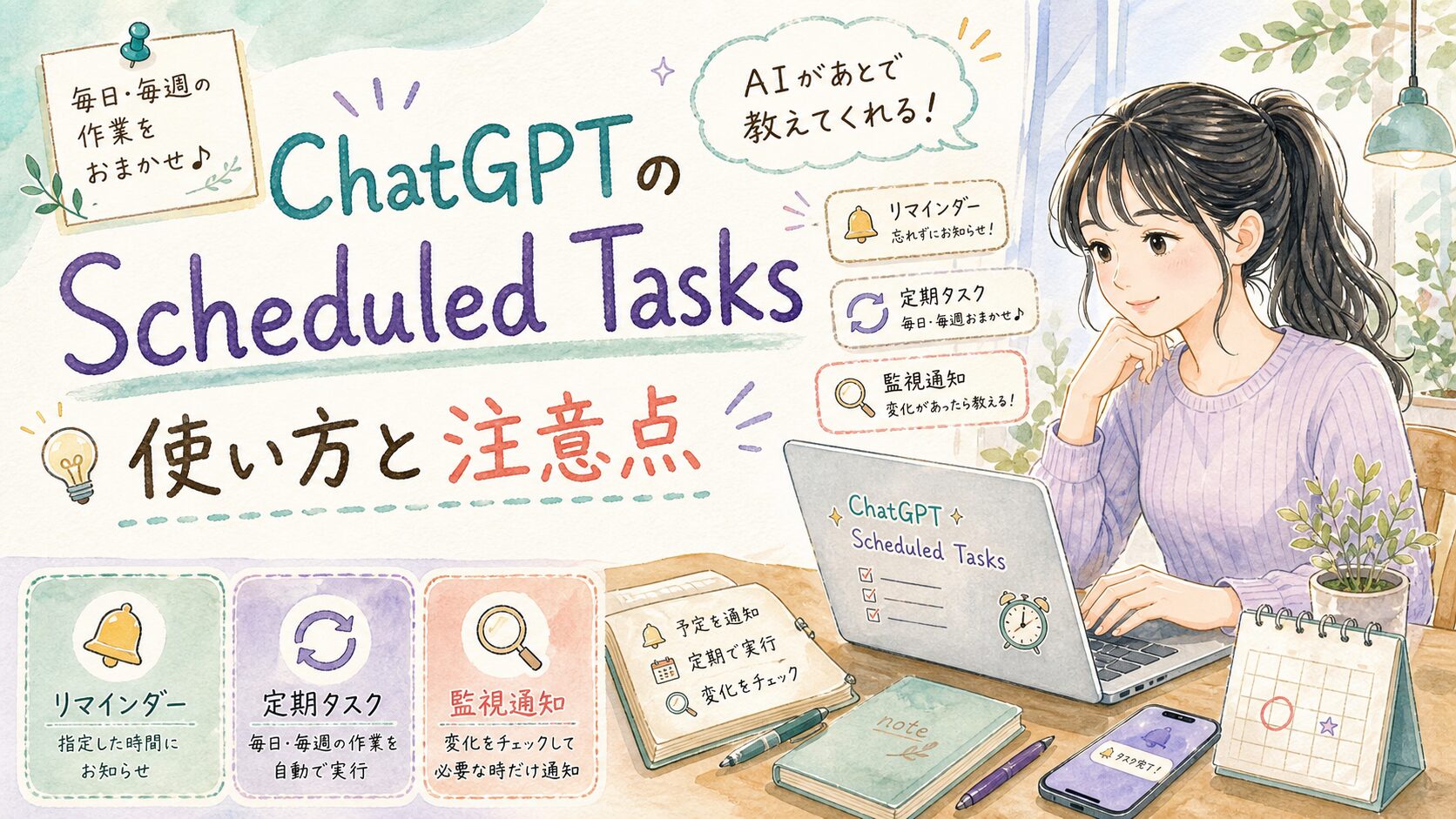 ChatGPTのScheduled Tasksの使い方と注意点をnanaが解説するイラスト