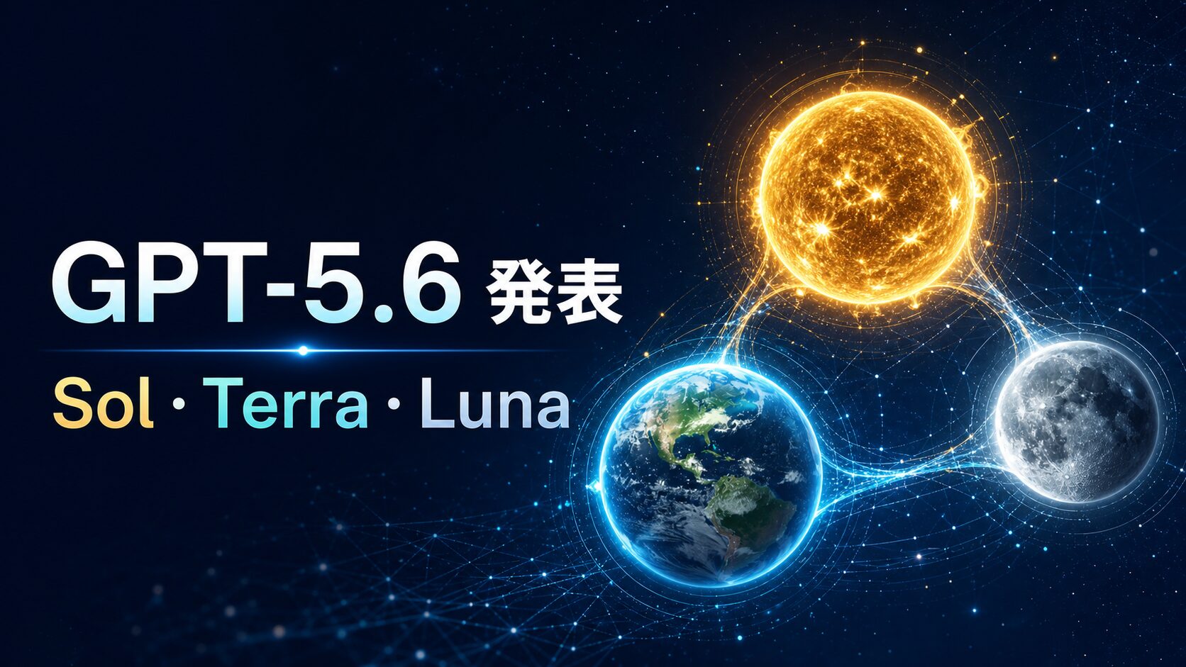 GPT-5.6のSol・Terra・Luna発表を表す3つの天体