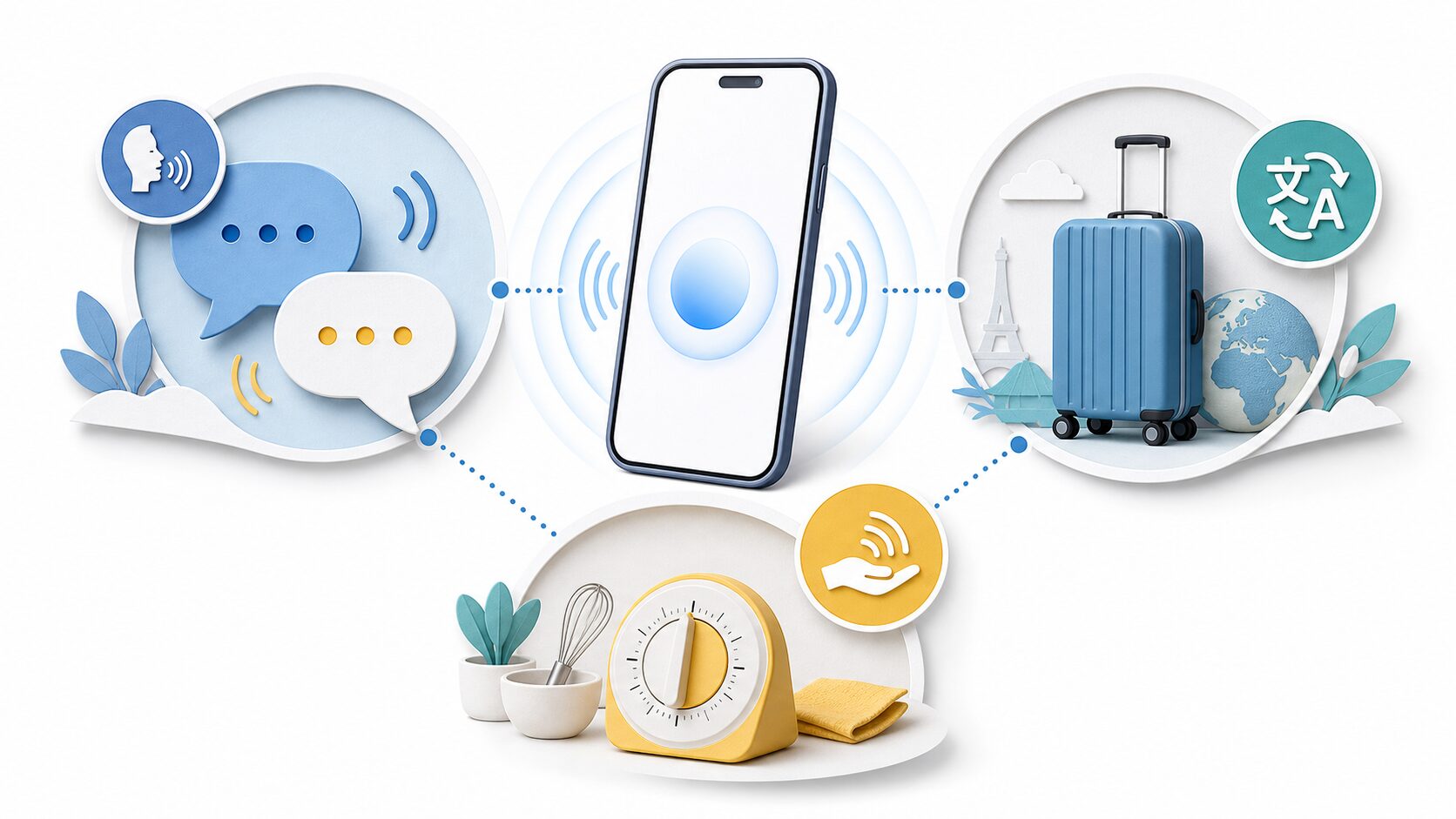 ChatGPT Liveで英会話、旅行、家事をサポートするイメージ