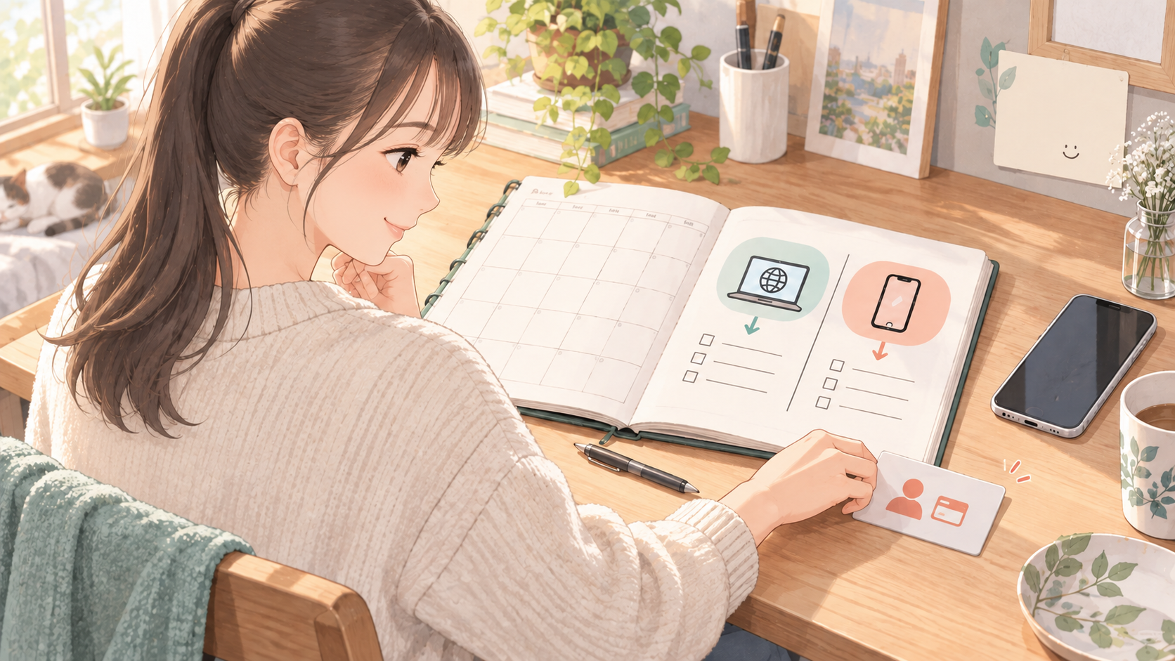 Claude Pro・Maxの解約前に、nanaが契約経路と次回請求日を確認するイラスト