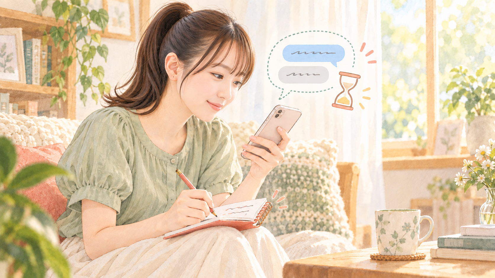 Geminiの一時チャットで得た回答を閉じる前にノートへ残す女性のイラスト