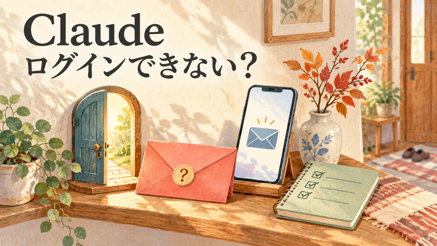 Claudeにログインできない時のメールとアカウント確認を表す封筒や入口のイラスト