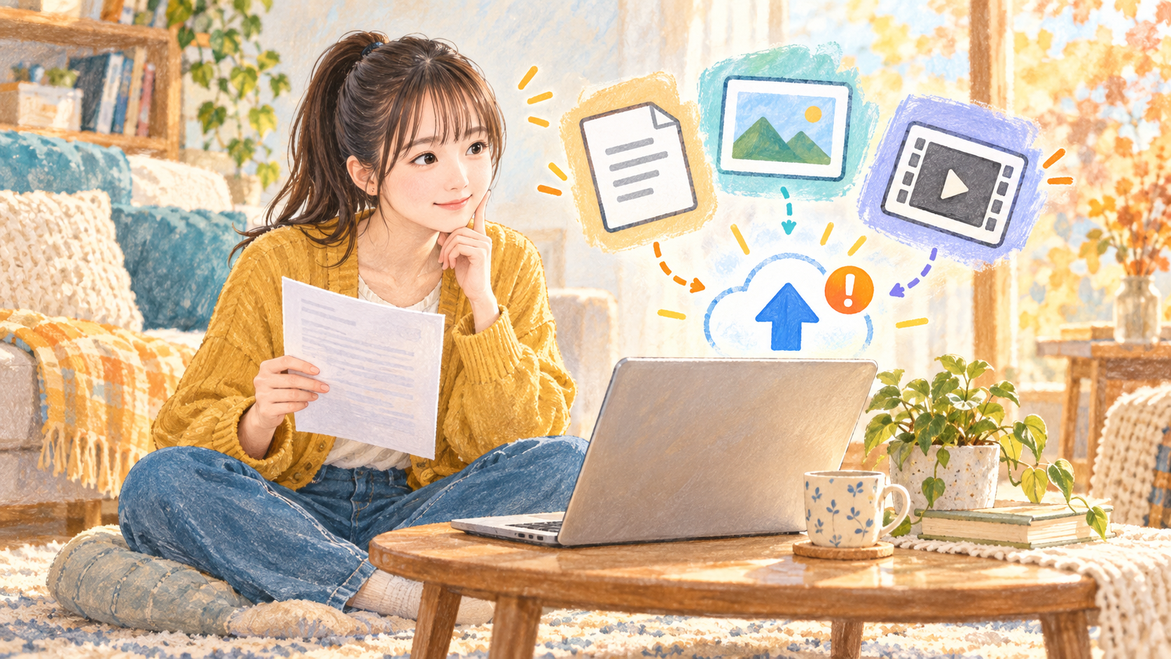 Geminiでファイルをアップロードできない原因をPDFや画像の種類から確認する女性のイラスト