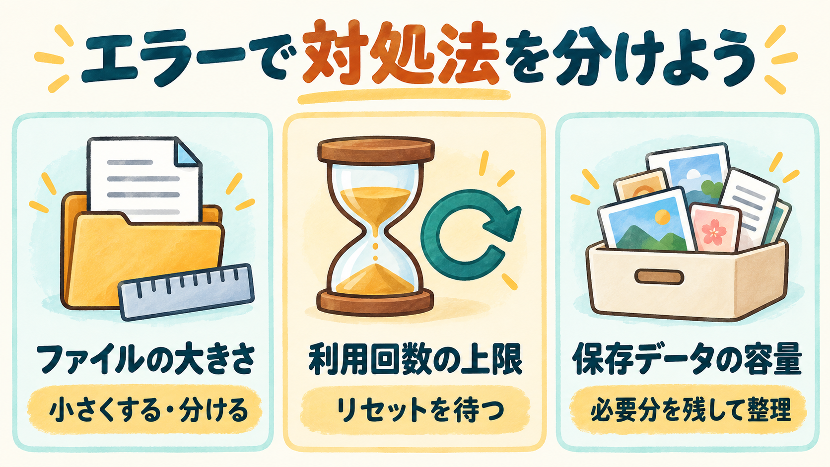 Geminiの3種類の制限を見分ける Geminiのファイルの大きさ・利用回数・保存データ容量を分けて対処する比較図