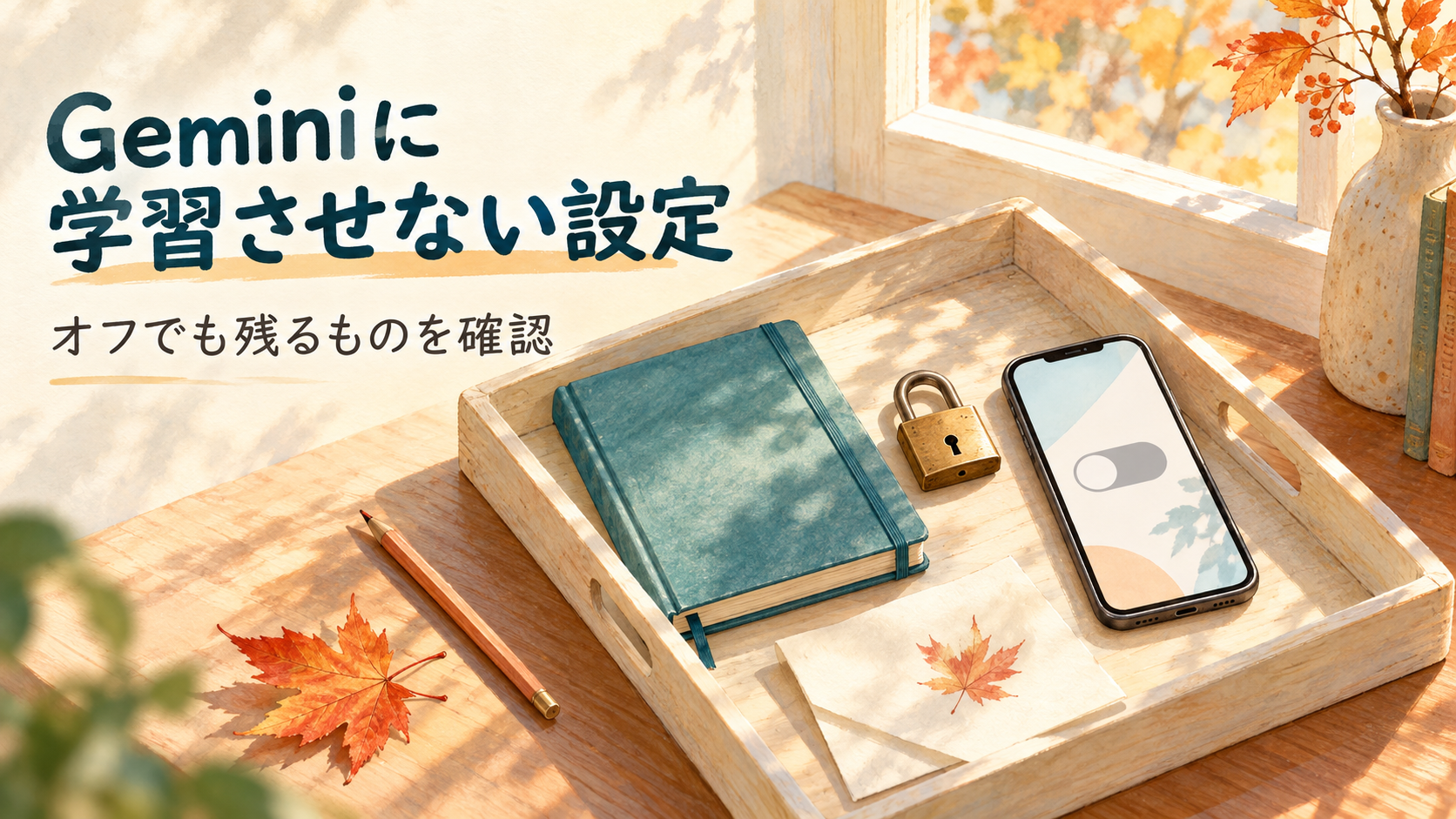 Geminiに学習させない設定を確認するスマホと閉じたノートのイラスト